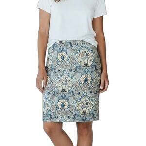 Talbots Vintage Women's Pencil Skirt 10 Blue Paisley Floral Fleur De Lis Stretch